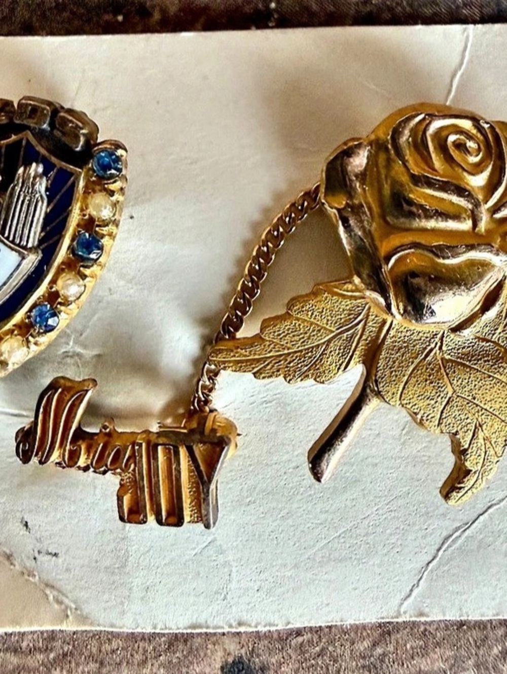 Vintage Mary Kay Joy Rose Pin and Guard Set Gold & Blue Brooch Set